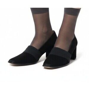 Stuart Weitzman Black Suede Block Heel Pumps Square Toe Elastic Band Size 9M VTG